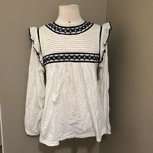 Bohme Boho Long Sleeve Top with Embroidery and Ruffle Detail Size Large